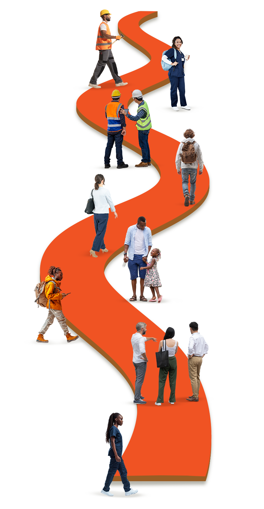 A winding pathway showing the journey of lasting change with people at each stage